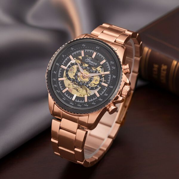 GENOA TIME - Bicolor-Armbanduhr, Reiner Edelstahl, schwarz-silberfarben, Automatik, 3 ATM wasserdicht image number 1