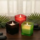 "Scented candles with bamboo base Color: Green + Black + Burgundy Squre glass jar size: 6*6cm Aroma: Coconut vanilla + mint + strawberry berries 5% perfume Paraffin Wax weight: 85g Burning time: Approximately 15 hours  ????? ??:??+??+??? ?????:6*6cm ??:??
