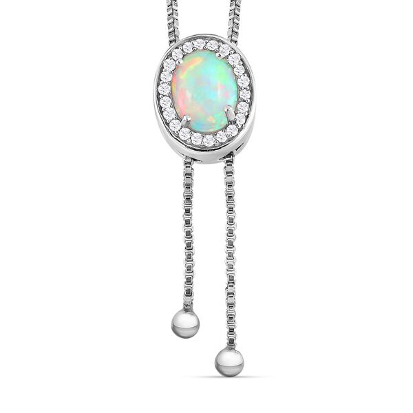 AA nat&uuml;rliche, &auml;thiopische Welo Opal und Zirkon-Lariat-Halo-Halskette, 60 cm, 925 Silber platiniert, 1,48 ct.