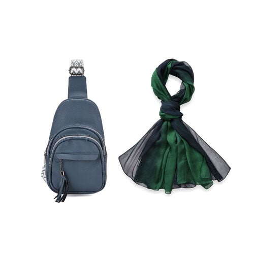 Blaue PU Brusttasche und LA MAREY Ombre Chiffon Seiden Schal image number 0