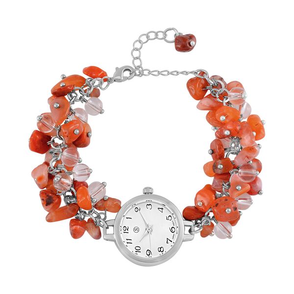 Strada Roter Achat-Perlenuhr, Japanisches Uhrwerk, Legierungsgeh&auml;use, Wei&szlig; mit schwarzen Ziffern