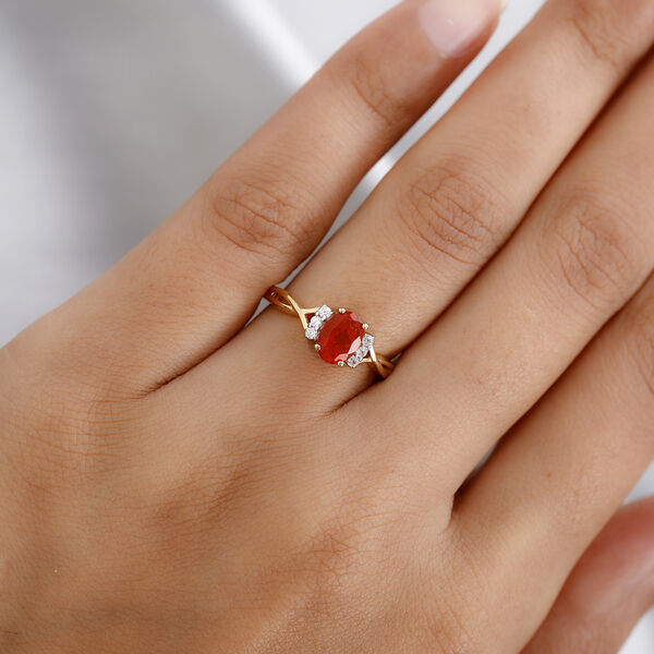 Mexikanischer Kirschfeuer-Opal und Zirkon Ring 925 Silber vergoldet  ca. 0,66 ct image number 3