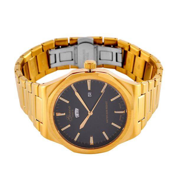 GENOA - Japanisches Uhrwerk, Schwarzes Sonnenschliff-Zifferblatt mit Balkenindexen, Edelstahl mit Faltschließe, Reiner Edelstahl, 20 cm, Goldfarben image number 5