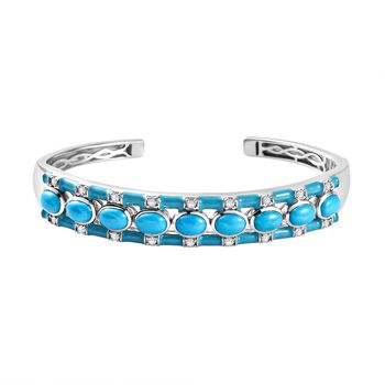 Sleeping Beauty T&uuml;rkis, Wei&szlig;er Zirkon Armreif, ca. 19 cm, 925 Silber rhodiniert ca. 8.38 ct