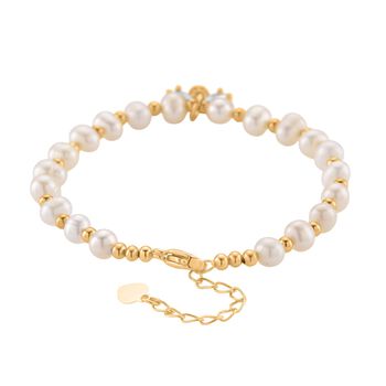 Wei&szlig;e S&uuml;&szlig;wasser Perle, Zirkonia Armband ca. 18cm + 5cm Extender, Nickelfreies Messing gelb vergoldet