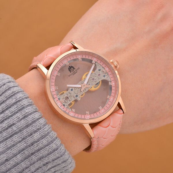 William Hunt Automatik-Uhr, Hohles Zifferblatt mit wei&szlig;en Kristallen, rosa Lederarmband, 5ATM wasserdicht image number 2