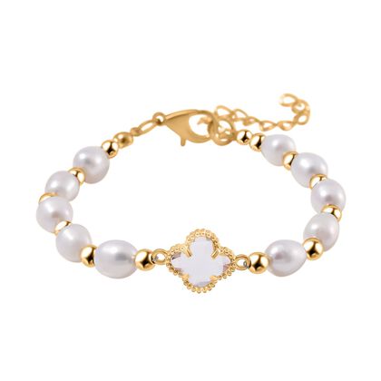 Glas, Wei&szlig;e S&uuml;&szlig;wasser Perle Armband BR-Stretch Standard gelb vergoldet