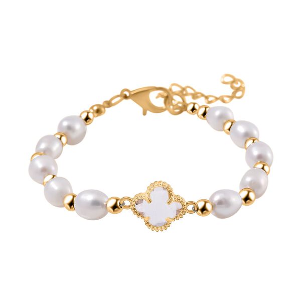 Glas, Wei&szlig;e S&uuml;&szlig;wasser Perle Armband BR-Stretch Standard gelb vergoldet