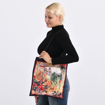 2er-Set Einkaufstaschen mit Stadt- und Blumen-Motiv, 34x40 cm, Schwarz