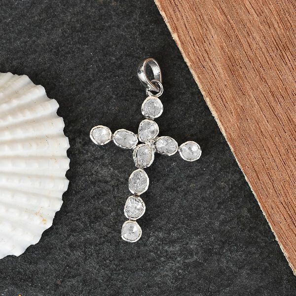 Handgearbeiteter Polki Diamant Kreuzanh&auml;nger 925 Silber platiniert ca. 1,25 ct image number 2