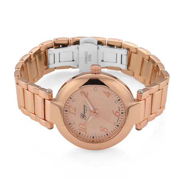 GENOA TIME V2 Uhr mit Japanischem Miyota 2035 Werk, Zifferblatt Roségoldfarben mit Prägemuster und Weißen Kristallen, Edelstahlarmband Roségoldfarben, 3 ATM wasserdicht image number 4