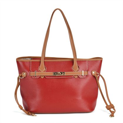 Echtleder-Tote Bag - Modische, ger&auml;umige Kontrastfarbene Tasche mit Verschluss, Gr&ouml;&szlig;e: 41x15x26 cm, rot