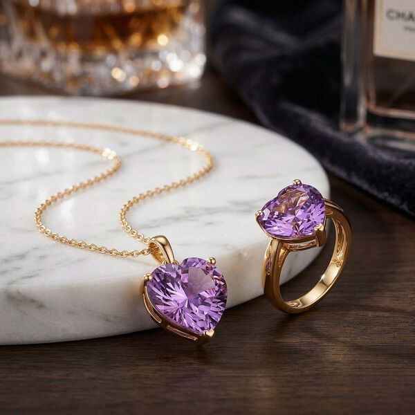 D'Joy AA Rose De France Amethyst Ring und Anh&auml;nger mit 50cm Kette image number 1