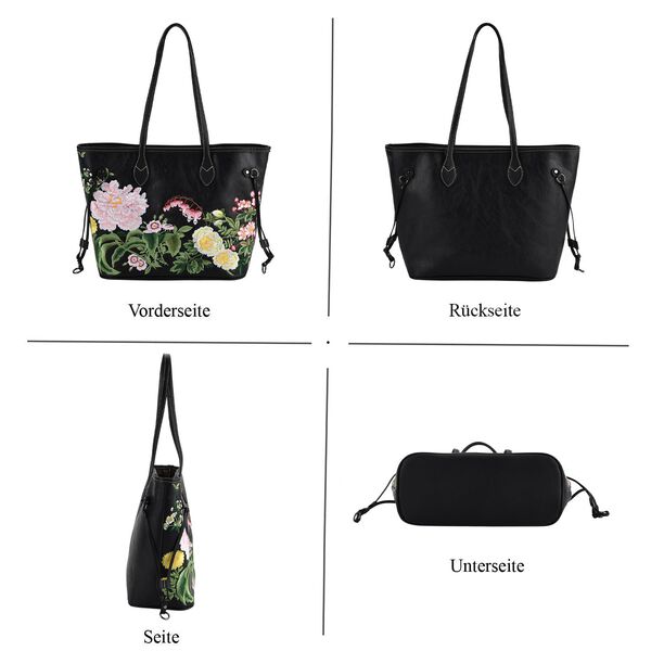 Bestickter Shopper, Kunstleder, Blumen Design, 46 x 15 x 28 cm, Schwarz image number 4