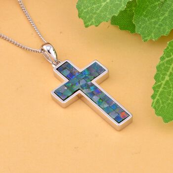 Mosaik Opal Kreuz-Anh&auml;nger mit Kette - 2,48 ct.
