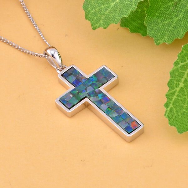 Mosaik Opal Kreuz-Anh&auml;nger mit Kette - 2,48 ct. image number 3