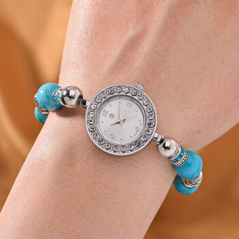 STRADA - Blauer Howlit, Wei&szlig;er Kristall Flexibles Armband-Uhr, Japanisches Uhrwerk, ca. 18-19 cm, Schwarz oxidiert