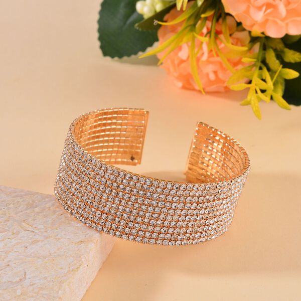 Weißer Kristall, von Designern inspirierter, flexibler Armreif, Messing, goldfarben image number 2