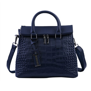 Schultertasche aus 100% echtem Leder mit Kroko-Pr&auml;gung und abnehmbarem Riemen, Gr&ouml;&szlig;e 29x12x22 cm, Dunkelblau