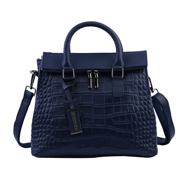 Schultertasche aus 100% echtem Leder mit Kroko-Pr&auml;gung und abnehmbarem Riemen, Dunkelblau&nbsp;