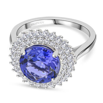 RHAPSODY zertifiziert und gepr&uuml;ft AAAA Tansanit und VS-EF Diamant Halo Ring in 950 Platin - 4,25 ct.