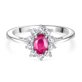 D’joy Afrikanischer Rubin (Fissure gefüllt), Weißer Zirkon Ring 925 Silber platiniert (Größe 18.00) ca. 1,19 ct