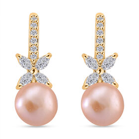 Pfirsich-Süßwasser Perle, Weißer Zirkonia Ohrringe Nickelfreies Messing Standard 4.00 ct