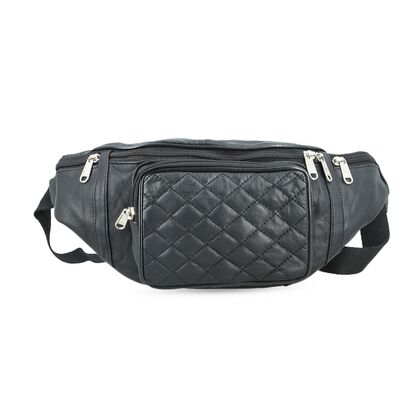 G&uuml;rteltasche aus 100 % Echtleder mit Stepp-Design, verstellbarer Riemen, Schwarz