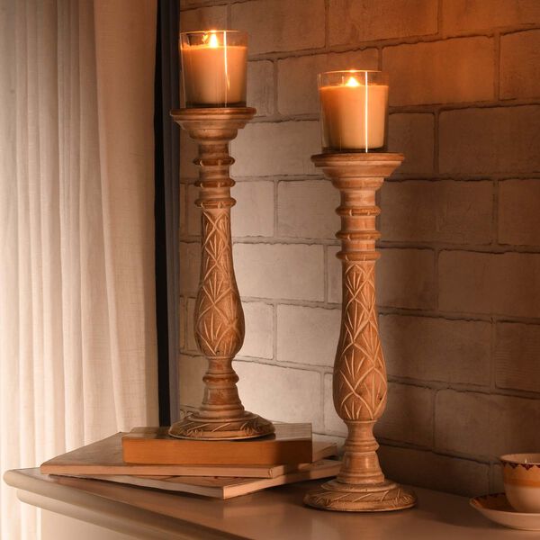 Set aus 2 antiken geschnitzten Holzkerzenhaltern mit rundem St&auml;nder, 38cm, Altwei&szlig; image number 2