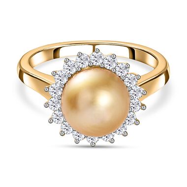Goldene Südsee Perle, Weißer Zirkon Ring, (9-11mm), 925 Silber Gelbgold Vermeil (Größe 16.00) ca. 0.63 ct