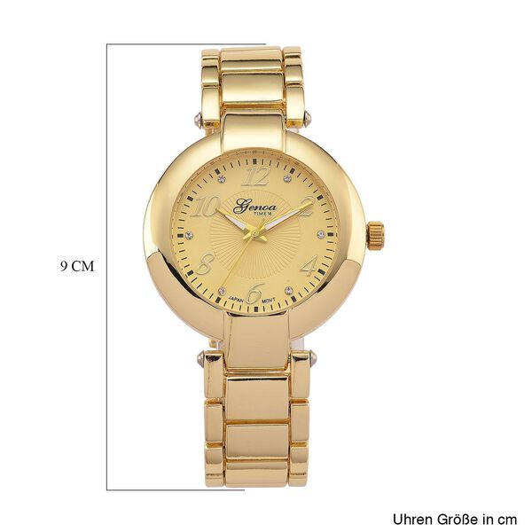 GENOA TIME V2 Uhr mit Japanischem Miyota 2035 Werk, Zifferblatt Goldfarben mit Prägemuster und Weißen Kristallen, Edelstahlarmband Goldfarben, 3 ATM wasserdicht image number 7