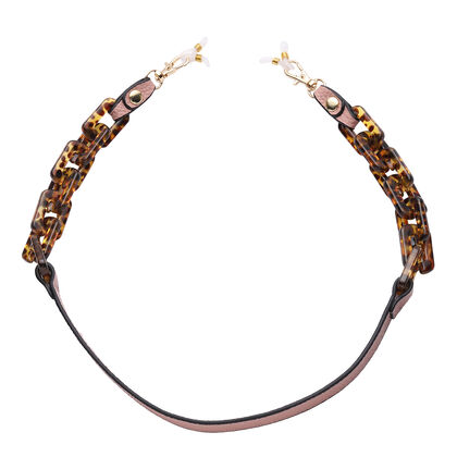 Brillenkette mit 100% Lederband, Leopardenmuster, Rosa und Gold