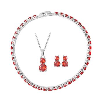 4er Set, Granat Zirkonia Armband, Anh&auml;nger mit Kette und Ohrringen, Messing ca. 17,60 ct