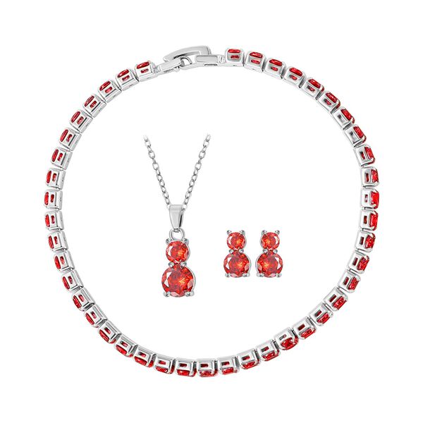 4er Set, Granat Zirkonia Armband, Anh&auml;nger mit Kette und Ohrringen, Messing ca. 17,60 ct