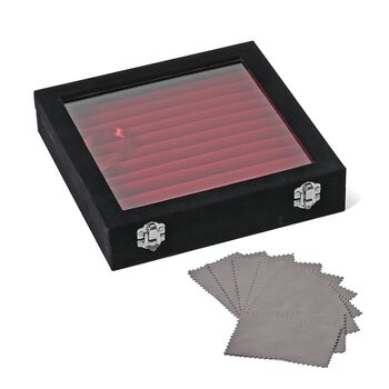 Quadratische Ringbox aus Samt mit Glasfenster und 10 Silberputzt&uuml;chern, 24x24x5 cm, Schwarz