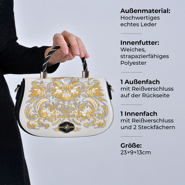 GRAND PELLE Umhängetasche aus echtem Leder, Damaststickerei, mit Tragegriff und Schulterriemen, 23×9×13 cm, Schwarz image number 3