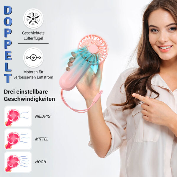 Tragbarer Mini-Ventilator mit zwei L&uuml;fterfl&uuml;geln, Rosa image number 2