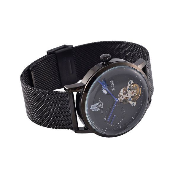 William Hunt Automatik-Uhr - IP-schwarzbeschichtetes Edelstahlgeh&auml;use, schwarzes Multifunktionszifferblatt mit gew&ouml;lbtem Glas, Edelstahl-Mesh-Armband, Glasboden, 5 ATM wasserdicht, Reiner Edelstahl image number 5