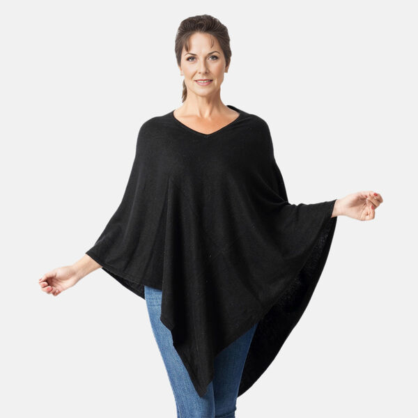 Damen Poncho, 100 % Pashmina Kaschmirwolle, Schwarz