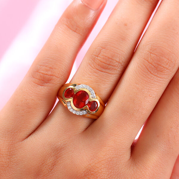 Mexikanischer Kirschfeuer-Opal und Zirkon-Ring, 925 Silber Gelbgold Vermeil  ca. 1,60 ct image number 3