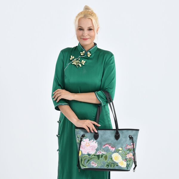 Bestickter Shopper, Kunstleder, Blumen Design, 46 x 15 x 28 cm, Blau image number 3