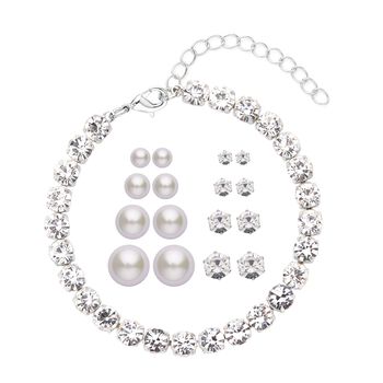 Wei&szlig;e Muschelkernperle (4-10 mm), Wei&szlig;er Kristall Schmuckset 316L Edelstahl, Nickelfreies Messing