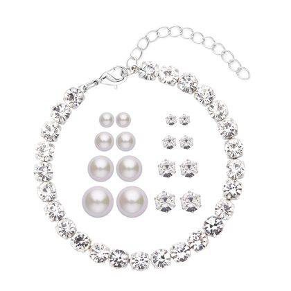Wei&szlig;e Muschelkernperle (4-10 mm), Wei&szlig;er Kristall Schmuckset 316L Edelstahl, Nickelfreies Messing