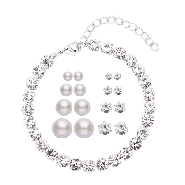 Wei&szlig;e Muschelkernperle (4-10 mm), Wei&szlig;er Kristall Schmuckset 316L Edelstahl, Nickelfreies Messing