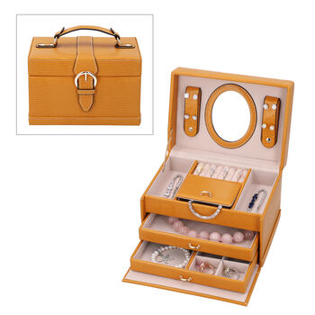 3-Etagen Schmuckkasten mit Eidechsenhaut-Muster, Innenspiegel und Knopfverschluss (22x16x14cm), Senfgelb