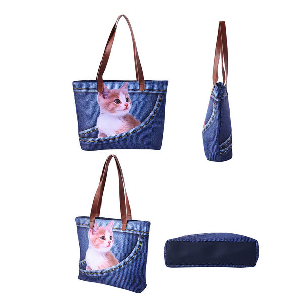 Handtasche f&uuml;r Frauen, Katzenmuster, Gr&ouml;&szlig;e: 42x9x32 cm, Blau image number 2