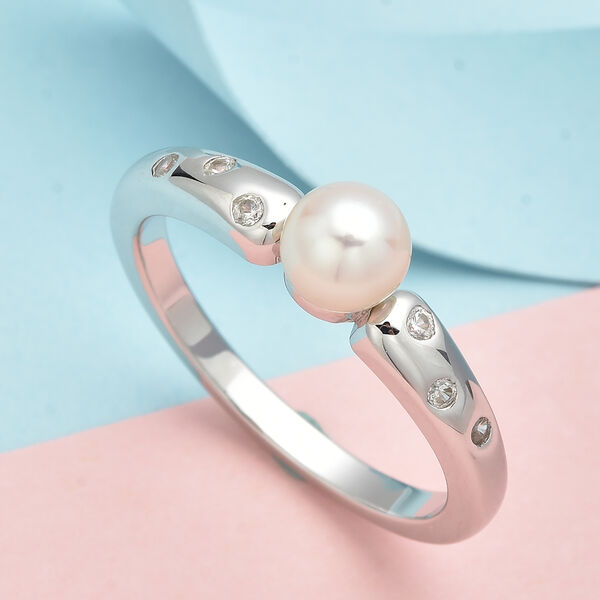 Japanische Akoya Perle und Zirkon Ring 925 Silber rhodiniert  ca. 0,13 ct image number 2