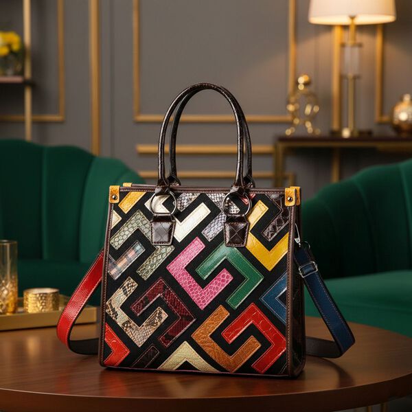 Chaos by Elsie Echtleder Crossbody-Tasche mit RFID-Schutz, 36x15x25cm, Kroko-Pr&auml;gung, Multi-Rautenmuster image number 1