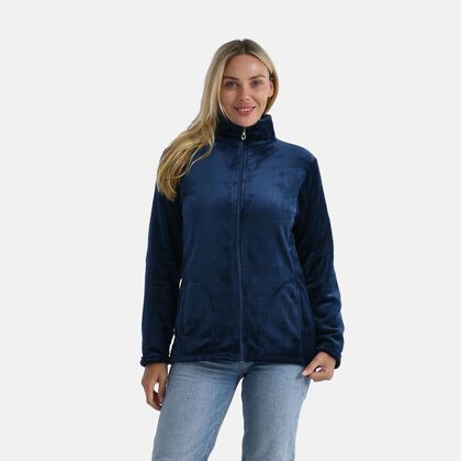 LA MAREY - Velvet Kuschel Jacke mit Rei&szlig;verschluss und Taschen, Marineblau, L / XL