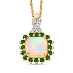 Opal Radiance - D joy Natürlicher, äthiopischer Welo Opal, Natürlicher Chromdiopsid Starlit Anhänger mit Kette, 925 Silber 750 Gelbgold Vermeil ca. 1.63 ct